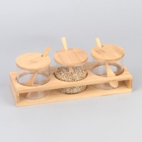 Bamboo Spice Rack With 3 Glass Jars And Spoon